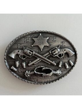 EMI 2006 Oval Pewter Tone Metal Western Theme Belt Buckle Sheriff Badge Spurs